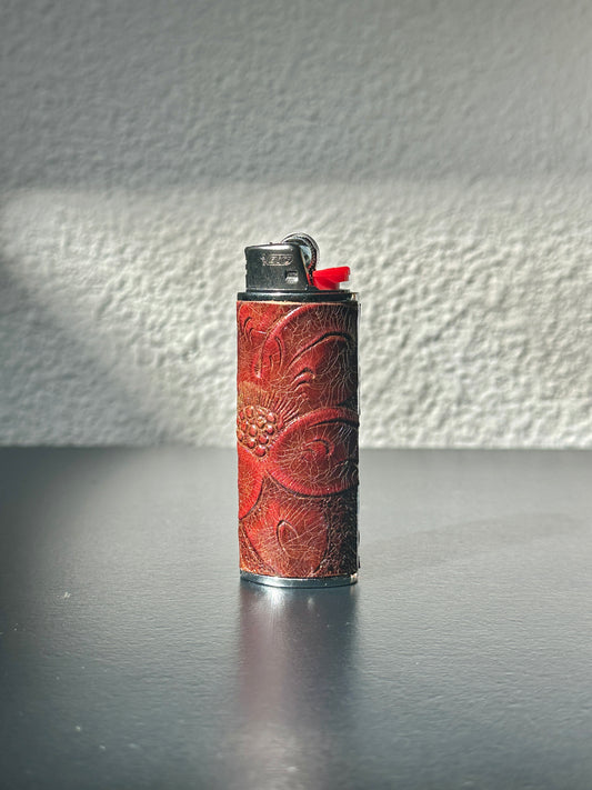 Lighter Case in Brown/Red Embossed Leather