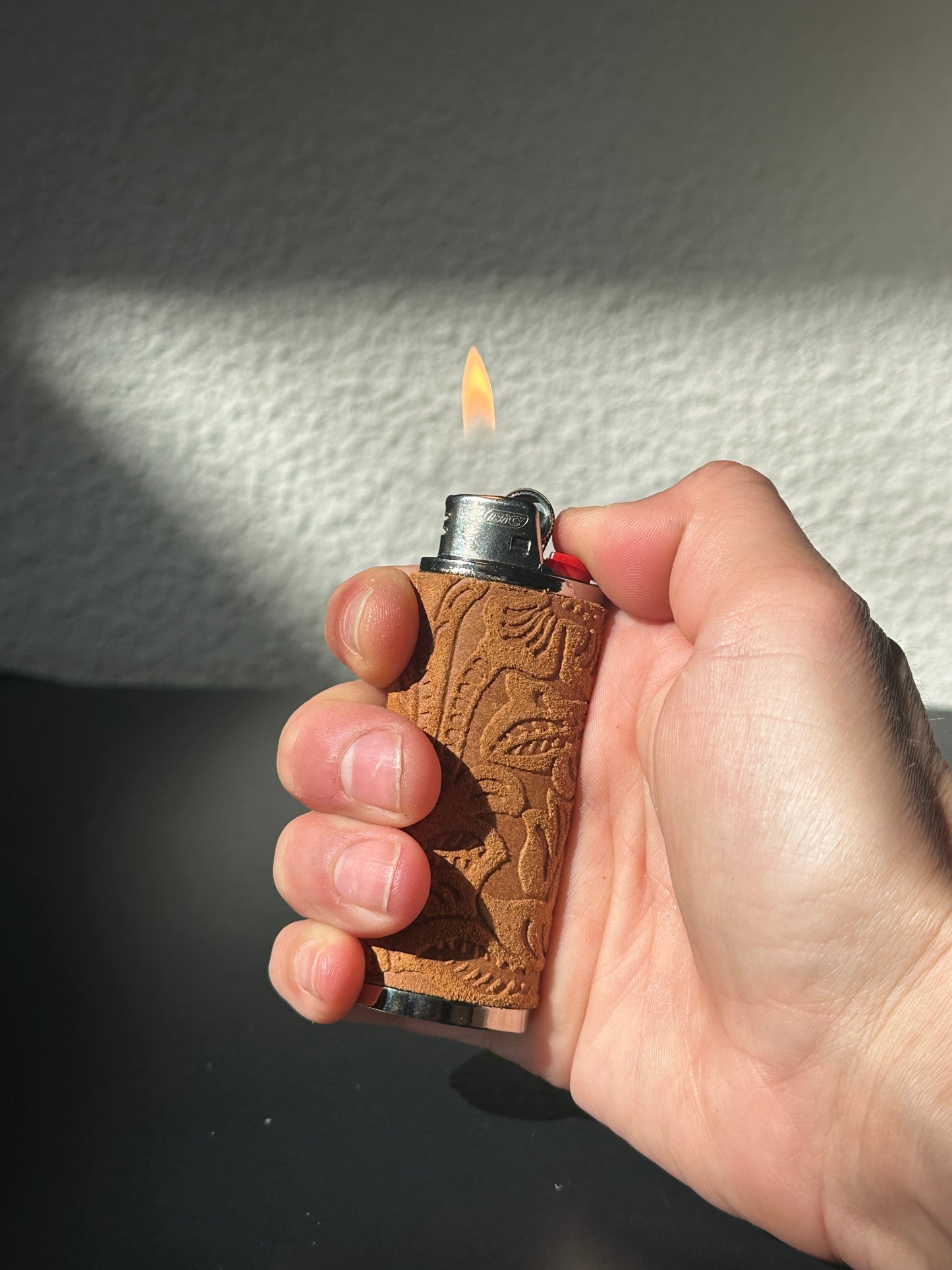 Lighter Case in Camel Suede Embossed Leather