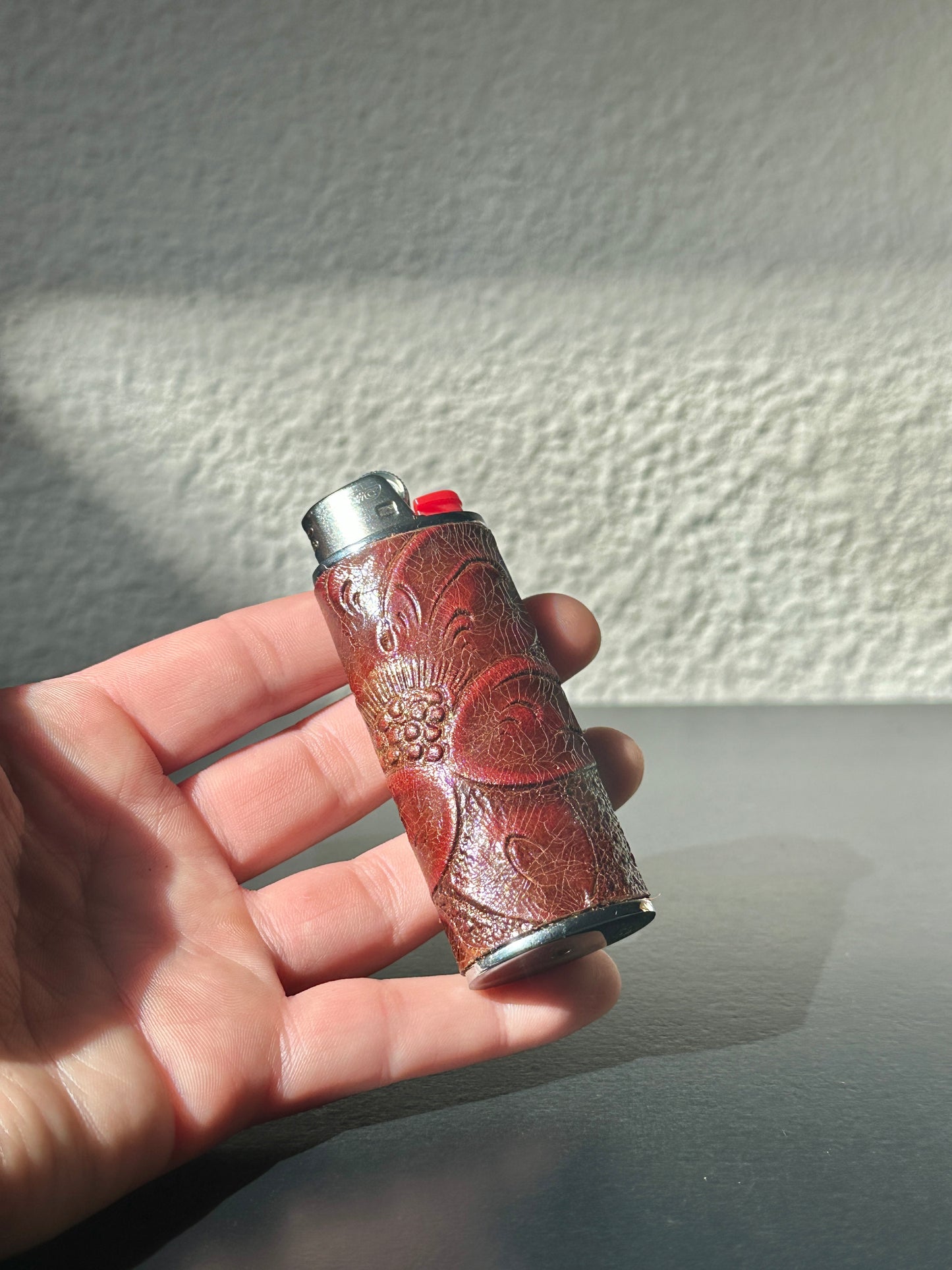 Lighter Case in Brown/Red Embossed Leather