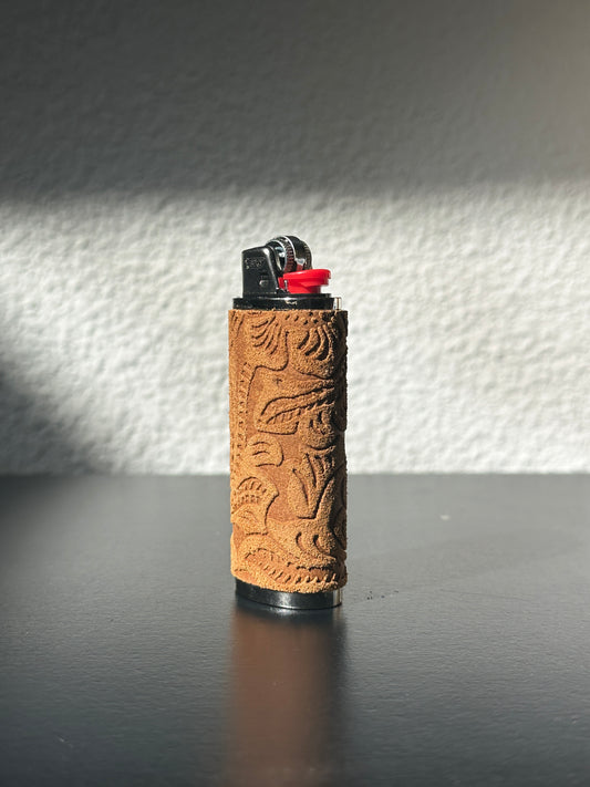 Lighter Case in Camel Suede Embossed Leather